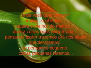 Onde você quer chegar?  ir alto…sonhe alto… queira o melhor do melhor…  queira coisas boas para a vida…  pensando assim trazemos prá nós aquilo que desejamos… se pensamos pequeno… coisas pequenas teremos…  
