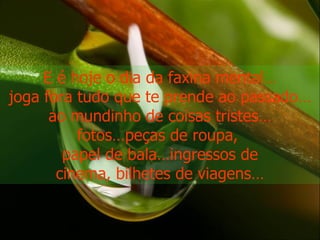 E é hoje o dia da faxina mental… joga fora tudo que te prende ao passado… ao mundinho de coisas tristes… fotos…peças de roupa,  papel de bala…ingressos de cinema, bilhetes de viagens… 