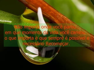 Não importa onde você parou… em que momento da vida você cansou… o que importa é que sempre é possível e necessário Recomeçar.  
