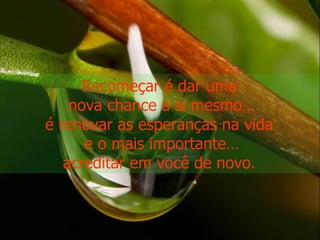 Recomeçar é dar uma  nova chance a si mesmo… é renovar as esperanças na vida  e o mais importante… acreditar em você de novo.  
