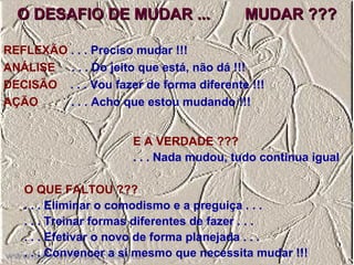 O DESAFIO DE MUDAR ... MUDAR ???O DESAFIO DE MUDAR ... MUDAR ???
REFLEXÃO . . . Preciso mudar !!!
ANÁLISE . . . Do jeito que está, não dá !!!
DECISÃO . . . Vou fazer de forma diferente !!!
AÇÃO . . . Acho que estou mudando !!!
E A VERDADE ???
. . . Nada mudou, tudo continua igual
O QUE FALTOU ???
. . . Eliminar o comodismo e a preguiça . . .
. . . Treinar formas diferentes de fazer . . .
. . . Efetivar o novo de forma planejada . . .
. . . Convencer a si mesmo que necessita mudar !!!