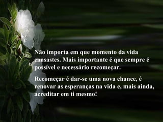 Não importa em que momento da vida
cansastes. Mais importante é que sempre é
possível e necessário recomeçar.
Recomeçar é dar-se uma nova chance, é
renovar as esperanças na vida e, mais ainda,
acreditar em ti mesmo!
 