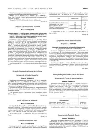 Diário da República, 2.ª série — N.º 250 — 30 de Dezembro de 2011 50947
3
http://www.erc.pt/pt/noticias/estudo-sobre-a-educacao-para-os-
-media-em-portugal-experiencias-actores-e-contextos
4
PINTO, Manuel, PEREIRA, Sara, PEREIRA, Luís, FERREIRA,
Tiago Dias, Centro de Estudos de Comunicação e Sociedade da Uni-
versidade do Minho.
5
Despacho 700/2009, Gabinete da Ministra da Educação.
205513973
Direcção-Geral do Ensino Superior
Aviso n.º 24964/2011
Informação sobre a Publicitação da Lista unitária de ordenação de
avaliação final dos trabalhadores em Contrato de Trabalho em
Funções Públicas por tempo indeterminado em período experi-
mental na Direcção-Geral do Ensino Superior.
Nos termos e para os efeitos previstos no n.º 6, do artigo 36.º da
Portaria n.º 83-A/2009, de 22 de Janeiro, alterada e republicada pela
Portaria n.º 145-A/2011, de 6 de Abril, por remissão do n.º 11, do ar-
tigo 12.º da Lei n.º 12-A/2008, de 27 de Fevereiro [ex vi do n.º 2, do
artigo 73.º do Regime de Contrato de Trabalho em Funções Públicas,
aprovado pela Lei n.º 59/2008, de 11 de Setembro], torna-se público que
em relação aos trabalhadores com Contrato de Trabalho em Funções
Públicas por tempo indeterminado (cf. Despacho n.º 18893/2010, pu-
blicado no Diário da República, 2.ª série, n.º 245, de 21 de Dezembro
de 2010), a Lista Unitária de Ordenação Final dos Trabalhadores em
Contrato de Trabalho em Funções Públicas por tempo indeterminado
em período experimental na Direcção-Geral do Ensino Superior, ho-
mologada por meu despacho de 25 de Novembro de 2011, foi afixada
em local visível e público das instalações da Direcção-Geral do Ensino
Superior, e disponibilizada na página electrónica da Direcção-Geral
do Ensino Superior, na área de «Recrutamento» (www.dges.mctes.pt).
5 de Dezembro de 2011. — O Director-Geral, António Ângelo Morão
Dias.
205508619
Direcção Regional de Educação do Norte
Agrupamento de Escolas Cávado Sul
Aviso n.º 24965/2011
Nos termos do disposto no n.º 1 do artigo 132.º do ECD e no ar-
tigo 95.º do Decreto-Lei n.º 100/99, de 31 de Março, torna-se público
que se encontra afixada na sala de professores da Sede doAgrupamento
de Escolas Cávado Sul, a lista de antiguidade do pessoal Docente, com
referência a 31 de Agosto de 2011.
Nos termos do artigo 96.º do referido decreto-lei, os docentes dispõem
de 30 dias a contar da data de publicação no Diário da República, para
reclamar da mesma.
22 de Dezembro de 2011. — ADirectora, Maria Paula Abreu Pereira
Elias de Sousa.
205503718
Escola Secundária de Monserrate
Aviso n.º 24966/2011
Por despacho do Director, José Luís Carvalhido da Ponte, foi desig-
nado para a função de Coordenador Técnico, Francisco José Marques
Gonçalves, com a categoria deAssistente Técnico, de acordo com o pre-
visto no artigo 60.º da Lei n.º 12-A/2008, de 27 de Fevereiro, conjugado
com a Lei n.º 3-B/2010, de 28 de Abril, com efeitos a 01/06/2011.
30 de Junho de 2011. — O Director, José Luís Carvalhido da
Ponte.
205503175
Escola Secundária Soares Basto
Aviso n.º 24967/2011
Para cumprimento do estatuído na alínea d) do n.º 1 do artigo 37.º da
Lei n.º 12-A/2008, de 27 de Fevereiro, faz-se público a lista nominativa
do pessoal que cessou funções por motivo de aposentação no período
compreendido entre 1 de Janeiro de 2011 a 31 de Dezembro de 2011:
Nome Categoria/Grupo
Índice/nível
remuneratório
Isabel MariaAmorim Pereira Costa 420 340
José Manuel Cruz Lopes . . . . . . 300 340
Manuel Barbosa Duarte . . . . . . . Assistente Operacional 4
Manuel Fernando Cunha Queirós 530 340
Maria Aldina Silva Santos . . . . . Assistente Operacional 8
22 de Dezembro de 2011. — A Directora, Maria José Ribeiro de
Barros Cálix.
205509218
Agrupamento Vertical de Escolas do Viso
Despacho n.º 17599/2011
Delegação de competências do Conselho Administrativo
do Agrupamento Vertical de Escolas do Viso
No uso das competências previstas na alínea c), do Decreto-Lei
n.º 75/2008, de 22 de Abril, foi decidido delegar a autorização para a
realização de despesas e respectivo pagamento, conforme preceituado
no artigo 35.º do Código do ProcessamentoAdministrativo na Presidente
do Conselho Administrativo, Ana Maria Lopes Farinha Alves. Na sua
ausência ou impedimentos estas atribuições serão da competência do
Vice-presidente do Conselho Administrativo, António Jorge Macedo
da Silva Brandão.
23 de Dezembro de 2011. — O ConselhoAdministrativo: Ana Maria
Lopes Farinha Alves, presidente — António Jorge Macedo da Silva
Brandão, vice-presidente — José Francisco Jesus Aureliano, secre-
tário.
205514701
Direcção Regional de Educação do Centro
Agrupamento de Escolas de Albergaria-a-Velha
Aviso n.º 24968/2011
Nos termos do disposto na alínea c) do n.º 1 do artigo 251.º e 254.º
do Anexo I à Lei n.º 59 /2008 de 11/09 e em cumprimento do disposto
na alínea d) do nº 1 do art.º 37 da Lei n.º 12-A/2008 de 27/02, torna-se
pública a lista nominativa do pessoal docente e não docente em exercício
nesteAgrupamento de Escolas, cuja relação jurídica de emprego cessou
por motivo de aposentação no período compreendido entre 1 de Janeiro
e 31 de Dezembro de 2011.
Nome Cessou funções
Pessoal docente
Maria Isabel Miranda Matias. . . . . . . . . . . . . . . . . . 30-06-2011
Maria Isabel Martins Nogueira Matos. . . . . . . . . . . 31-07-2011
22 de Dezembro de 2011. — O Director, Albérico Tavares Vieira.
205509842
Agrupamento de Escolas de Campia
Aviso n.º 24969/2011
Nos termos do disposto na alínea d) do n.º 1 do artigo 37.º da Lei
n.º 12-A/2008, de 27 de Fevereiro, torna-se pública a lista nominativa
do pessoal docente deste Agrupamento de Escolas de Campia, cuja
relação jurídica de emprego público cessou por motivo de aposentação,
conforme refere a alínea c) do artigo 251.º, da Lei n.º 59/2008, de 11 de
Setembro, no ano civil de 2011.
 