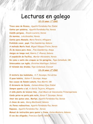 Lecturas en galego 12-13 anos: 1º ESO  Trece anos de Branca,  Agustín Fernández Paz , Edebé  Contos por palabras,  Agustín Fernández Paz , Xerais Camiño perigoso,  Ánxela Loureiro , Xerais Os mornias,  Lola González , Xerais Contos para Manuela ,  Mario Pereira , Alfaguara Prohibido casar, papá ,  Fina Casalderrey , Galaxia A malvada María Xosé ,  Miguel Vázquez Freire , Xerais Ás de mosca para Anxo  ,  Fina Casalderrey , Anaya  Amigos en tempo real ,  Ramiro J. Álvarez , Galaxia A expedición do Pacífico,  Marilar Aleixandre , Xerais De como o santo dos croques se fai peregrino,  Pepe Carballude , SM Intercambio cun inglés ,  Christine Nöstlinger , Oxford O talismán dos druídas ,  Pepe Carballude , Everest 13-14 anos: 2º ESO  O misterio das badaladas,  X. P. Docampo , Vía Láctea O pazo baleiro,  Xabier P. Docampo , Anaya Das cousas de Ramón Lamote ,  Paco Martín , SM O dicionario de Carola,  Carmen Gómez Ojea , Edebé Sempre quenta o sol , A. García Teijeiro , Alfaguara A miña planta de laranxa lima,  José Mauro de Vasconcelos , Primerapersona Cando petan na porta pola noite , Xavier P. Docampo , Xerais  Amor dos quince anos, Marilyn , Agustín Fernández Paz , Xerais A chave de ouro,  Georg MacDonald , Galaxia As flores radioactivas ,  Agustín Fernández Paz , Xerais Rapazas,  Agustín Fernández Paz  , Xerais Manual de instrucións para querer a Irene ,  Carlos Mosteiro , Galaxia O ceo dos afogados ,  Francisco Castro , Xerais Maldito DNI! ,  Pepe Carballude , Xerais Tarxeta vermella ,  Xosé Miranda , Xerais Brooklyn follies,  Paul Auster , Galaxia O diario vermello de Carlota ,   Genma Lienas , Galaxia O diario vermello de Flánagan,  Andreu Martín, Jaume Ribera , Galaxia Eu de maior quero ser ,  Rosa Aneiros , Sotelo Blanco A cova das vacas mortas ,  Jaureguizar , Ed. Xerais Pasa-lo límite ,  Xavier Alfaya  , Alfaguara Frío, frío,  Óscar Calato,  Galaxia 
