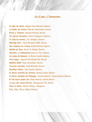 16-17 anos: 1º Bacharelato  O soño da febre ,  Miguel Anxo Murado , Galaxia  A banda sen futuro ,  Marilar Aleixandre , Xerais Erros e Tánatos ,  Gonzalo Navaza , Xerais Os outros feirantes ,  Álvaro Cunqueiro , Galaxia O vixía no centeo ,  J.D. Salinger , Xerais Morning Star,  Xosé Miranda , 1998, Xerais Dos arquivos do trasno ,  Rafael Dieste , Galaxia Galván en Saor ,  Darío X. Cabana , Xerais Polaroid,  ou  Ambulancia , Suso de Toro , Xerais As rulas de Bakunin ,  A. Riveiro Coello , Galaxia Aire negro,  Agustín Fernández Paz , Xerais Maldito DNI! ,  Pepe Carballude , Xerais Tarxeta vermella ,  Xosé Miranda , Xerais Brooklyn follies,  Paul Auster , Galaxia O diario vermello de Carlota ,   Genma Lienas , Galaxia O diario vermello de Flánagan,  Andreu Martín, Jaume Ribera , Galaxia Eu de maior quero ser ,  Rosa Aneiros , Sotelo Blanco A cova das vacas mortas ,  Jaureguizar , Ed. Xerais Pasa-lo límite ,  Xavier Alfaya  , Alfaguara Frío, frío,  Óscar Calato,  Galaxia 