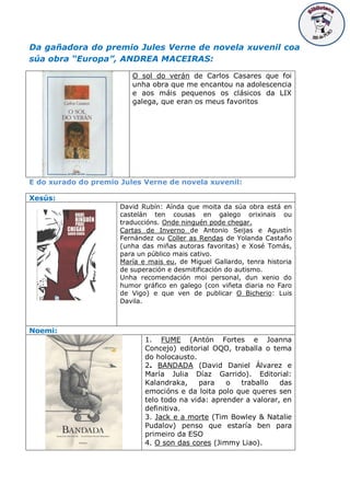 Da gañadora do premio Jules Verne de novela xuvenil coa
súa obra “Europa”, ANDREA MACEIRAS:
O sol do verán de Carlos Casares que foi
unha obra que me encantou na adolescencia
e aos máis pequenos os clásicos da LIX
galega, que eran os meus favoritos
E do xurado do premio Jules Verne de novela xuvenil:
Xesús:
David Rubín: Aínda que moita da súa obra está en
castelán ten cousas en galego orixinais ou
traduccións. Onde ninguén pode chegar.
Cartas de Inverno de Antonio Seijas e Agustín
Fernández ou Coller as Rendas de Yolanda Castaño
(unha das miñas autoras favoritas) e Xosé Tomás,
para un público mais cativo.
María e mais eu, de Miguel Gallardo, tenra historia
de superación e desmitificación do autismo.
Unha recomendación moi personal, dun xenio do
humor gráfico en galego (con viñeta diaria no Faro
de Vigo) e que ven de publicar O Bicherio: Luis
Davila.
Noemi:
1. FUME (Antón Fortes e Joanna
Concejo) editorial OQO, traballa o tema
do holocausto.
2. BANDADA (David Daniel Álvarez e
María Julia Díaz Garrido). Editorial:
Kalandraka, para o traballo das
emocións e da loita polo que queres sen
telo todo na vida: aprender a valorar, en
definitiva.
3. Jack e a morte (Tim Bowley & Natalie
Pudalov) penso que estaría ben para
primeiro da ESO
4. O son das cores (Jimmy Liao).
 