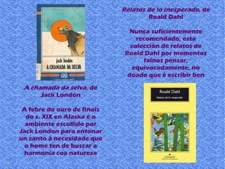 A chamada da selva, de
Jack London
A febre do ouro de finais
do s. XIX en Alaska é o
ambiente escollido por
Jack London para entonar
un canto á necesidade que
o home ten de buscar a
harmonía coa natureza
Relatos de lo inesperado, de
Roald Dahl
Nunca suficientemente
recomendado, esta
colección de relatos de
Roald Dahl por momentos
fainos pensar,
equivocadamente, no
doado que é escribir ben
 