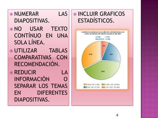  NUMERAR        LAS     INCLUIRGRAFICOS
  DIAPOSITIVAS.          ESTADÍSTICOS.
 NO    USAR TEXTO
  CONTÍNUO EN UNA
  SOLA LÍNEA.
 UTILIZAR     TABLAS
  COMPARATIVAS CON
  RECOMENDACIÓN.
 REDUCIR          LA
  INFORMACIÓN       O
  SEPARAR LOS TEMAS
  EN       DIFERENTES
  DIAPOSITIVAS.
 