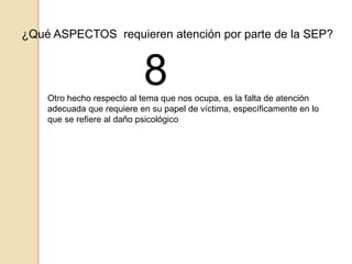 ¿Qué ASPECTOS requieren atención por parte de la SEP? 
8 
Otro hecho respecto al tema que nos ocupa, es la falta de atención 
adecuada que requiere en su papel de víctima, específicamente en lo 
que se refiere al daño psicológico 
 