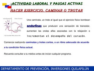Comienza realizando  caminatas y trotes cortos, a un ritmo adecuado de acuerdo a tu condición física actual.   Recuerda consultar a tu médico antes de iniciar cualquier programa. Una caminata, un trote al igual que el ejercicio físico bombean  endorfinas   que producen una sensación de bienestar, aumentan las ondas alfas asociadas con la relajación e  incrementan el desempeño del corazón . HACER EJERCICIO, CAMINAR O TROTAR DEPARTAMENTO DE PREVENCIÓN, INVERSIONES QUILAPILÚN 