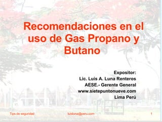 Recomendaciones en el uso de Gas Propano y Butano   Expositor: Lic. Luis A. Luna Renteros AESE.- Gerente General www.sietepuntonueve.com Lima Perú 