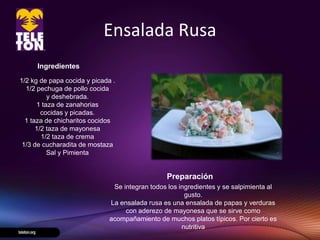 Ensalada Rusa
     Ingredientes

1/2 kg de papa cocida y picada .
  1/2 pechuga de pollo cocida
          y deshebrada.
      1 taza de zanahorias
        cocidas y picadas.
  1 taza de chicharitos cocidos
      1/2 taza de mayonesa
        1/2 taza de crema
 1/3 de cucharadita de mostaza
          Sal y Pimienta


                                                Preparación
                               Se integran todos los ingredientes y se salpimienta al
                                                       gusto.
                              La ensalada rusa es una ensalada de papas y verduras
                                   con aderezo de mayonesa que se sirve como
                              acompañamiento de muchos platos típicos. Por cierto es
                                                      nutritiva
 
