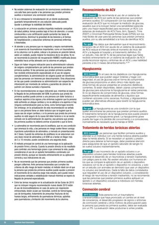 30	 American Heart Association	30	 American Heart Association
•	 No existen sistemas de evaluación de conmociones cerebrales en
una sola fase para ayudar a las personas que prestan primeros
auxilios a reconocer una conmoción cerebral.
•	 Si va a retrasarse la reimplantación de un diente avulsionado,
guardarlo temporalmente en una solución adecuada puede
ayudar a prolongar la viabilidad del diente.
•	 La educación en primeros auxilios impartida mediante campañas
de salud pública, temas puestos bajo el foco de atención, o cursos
conducentes a una certificación puede aumentar las tasas de
supervivencia, disminuir la gravedad de las lesiones y el tiempo
de hospitalización, y solucionar síntomas de personas enfermas
o lesionadas.
•	 Al atender a una persona que no responde y respira normalmente,
y en ausencia de traumatismos importantes, como un traumatismo
en la columna o en la pelvis, colocar a la persona en posición lateral,
sobre un costado, puede mejorar la mecánica de la vía aérea. Ya no
se recomienda la posición de recuperación HAINES modificada (brazo
extendido hacia arriba alineado con la columna en peligro).
•	 Sigue sin haber ninguna indicación para la administración rutinaria
de oxígeno complementario por parte de las personas que prestan
primeros auxilios. Si las personas que prestan primeros auxilios
han recibido entrenamiento especializado en el uso de oxígeno
complementario, la administración de oxígeno puede ser beneficios
para las personas con lesiones por descompresión. Oras situaciones
en las que puede considerarse su administración son sospecha de
intoxicación por monóxido de carbono y pacientes de cáncer de
pulmón con disnea sumada a hipoxemia.
•	 En las recomendaciones se sigue indicando que, mientras se espera
la llegada de los profesionales del SEM, la persona que presta los
primeros auxilios puede animar a una persona con dolor torácico a
masticar aspirina si los signos y los síntomas sugieren que la persona
está sufriendo un ataque cardíaco y no es alérgica a la aspirina ni hay
ninguna contraindicación para su toma, como hemorragia reciente.
Sin embargo, en la actualización de esta recomendación se señala
que si una persona tiene un dolor torácico que no sugiere que la
causa sea de origen cardíaco, o si la persona que presta los primeros
auxilios no está seguro de la causa del dolor torácico o no se siente
cómodo con la administración de aspirina, esa persona que presta
los primeros auxilios no debería animar al paciente a que la tome.
•	 La adrenalina se recomienda para la anafilaxia, que es una condición
que amenaza la vida, y las personas en riesgo suelen llevar consigo
inyectores automáticos de adrenalina, a menudo en presentaciones
de 2 dosis. Cuando los síntomas de anafilaxia no se solucionan con
una dosis inicial de adrenalina y el SEM va a tardar en llegar más
de 5 o 10 minutos, puede considerarse una segunda dosis.
•	 El método principal de control de una hemorragia es la aplicación
de presión firme y directa. Cuando la presión directa no da resultado
para controlar una hemorragia grave o que amenaza la vida, puede
considerarse el uso de un apósito hemostático combinado con
presión directa, aunque se necesita entrenamiento en su aplicación
correcta y sus indicaciones de uso.
•	 No se recomienda que las personas que prestan primeros auxilios
pongan collarines. Ante personas lesionadas que cumplan los
criterios de alto riesgo de lesión medular, el método ideal con el que
la persona que presta los primeros auxilios puede ayudar a prevenir
el movimiento de la columna exige más estudio, pero puede incluir
indicaciones verbales o estabilización manual mientras se espera la
llegada de personal especializado.
•	 Entre los temas recogidos en la actualización de las Guías de 2015
que no incluyen ninguna recomendación nueva desde 2010 están
el uso de broncodilatadores en caso de asma con respiración
entrecortada, lesión ocular por toxicidad, control de hemorragias,
uso de torniquetes, tratamiento de presuntas fracturas de los
huesos largos, enfriamiento de quemaduras térmicas, apósitos
para quemaduras y limitación del movimiento de la columna.
Reconocimiento de ACV
2015 (nuevo): Se recomienda el uso de un sistema de
evaluación de ACV por parte de las personas que prestan
primeros auxilios. En comparación con los sistemas de
evaluación de ACV que no incluyen la medición de glucosa,
aquellos que sí la incluyen tienen una sensibilidad parecida
pero una mayor especificidad para reconocer un ACV. Los
sistemas de evaluación de ACV Face, Arm, Speech, Time
(FAST) o Cincinnati Prehospital Stroke Scale (CPSS) son los
más fáciles de usar para las personas que prestan primeros
auxilios, por su alta sensibilidad a la hora de identificar ACV.
Por qué: Hay datos que demuestran que el reconocimiento
temprano de un ACV con ayuda de un sistema de evaluación
de ACV reduce el intervalo entre el momento de inicio del
ACV y la llegada al hospital y el tratamiento definitivo. En
un estudio, más del 94 % de las personas legas que había
recibido entrenamiento en un sistema de evaluación de ACV
podía reconocer signos y síntomas de un ACV, y esa habilidad
persistía a los 3 meses del entrenamiento.35,36
Hipoglucemia
2015 (nuevo): En el caso de los diabéticos con hipoglucemia
sintomática leve que pueden seguir órdenes y tragar con
seguridad, el uso de glucosa oral en forma de comprimidos
de glucosa proporciona un alivio clínico más rápido que
otras formas de azúcar presentes en productos dietéticos
corrientes. Si están disponibles, deben usarse comprimidos
de glucosa para solucionar la hipoglucemia en estas personas.
Si no se dispone de comprimidos de glucosa, otras formas
específicamente evaluadas de alimentos o líquidos que
contienen azúcares como sacarosa, fructosa, y oligosacáridos
pueden ser alternativas eficaces para revertir la hipoglucemia
sintomática leve.
Por qué: La hipoglucemia es una condición con la que
suelen encontrarse las personas que prestan primeros auxilios.
El tratamiento temprano de la hipoglucemia leve puede prevenir
su progresión a hipoglucemia grave. La hipoglucemia grave
puede dar lugar a la pérdida del conocimiento o a convulsiones,
normalmente es necesario que la maneje el SEM.
Tratamiento de heridas torácicas abiertas
2015 (nuevo): Las personas que faciliten primeros auxilios y
atiendan a un individuo con una herida torácica abierta pueden
dejar la herida abierta. Si se necesitan un apósito y presión
directa para detener la hemorragia, debe prestarse atención
para asegurarse de que un apósito saturado de sangre no
se vuelva oclusivo inadvertidamente.
Por qué: El uso incorrecto de un apósito oclusivo o un
dispositivo oclusivo para heridas torácicas abiertas puede
provocar el desarrollo de un neumotórax a tensión inadvertido,
con peligro para la vida. No existen estudios con humanos en
los que se compare la aplicación de un apósito o dispositivo
oclusivos con la de un apósito o dispositivo no oclusivos, y solo
en un estudio con animales se demostró que usar un dispositivo
no oclusivo era beneficioso. Dada la falta de datos constatados
que respalden el uso de un dispositivo oclusivo, y considerando
el riesgo de neumotórax a tensión inadvertido, no se recomienda
que las personas que prestan primeros auxilios apliquen un
apósito o un dispositivo oclusivos a individuos con heridas
torácicas abiertas.
Conmoción cerebral
2015 (nuevo): Toda persona con un traumatismo
craneoencefálico que haya provocado un cambio en el nivel
de consciencia, el desarrollo progresivo de signos o síntomas
de conmoción cerebral u otros motivos de preocupación para
la persona que presta los primeros auxilios, debe ser evaluada
por un PS. La evaluación debe producirse lo antes posible.
 