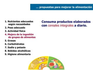 1. Nutrientes adecuados según necesidades 2. Peso adecuado  3. Actividad física 4. Mejora de la ingestión de grupos de alimentos 5. Grasas  6. Carbohidratos 7. Sodio y potasio 8. Bebidas alcohólicas 9. Higiene alimentaria Consuma productos elaborados con  cereales integrales  a diario. …  propuestas para mejorar la alimentación 