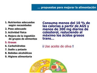 1. Nutrientes adecuados según necesidades 2. Peso adecuado  3. Actividad física 4. Mejora de la ingestión de grupos de alimentos 5. Grasas   6. Carbohidratos 7. Sodio y potasio 8. Bebidas alcohólicas 9. Higiene alimentaria Consuma menos del 10 % de las calorías a partir de AGS y menos de 300 mg diarios de colesterol, reduciendo al máximo los ácidos grasos trans…  ¡  Use aceite de oliva  ! …  propuestas para mejorar la alimentación 