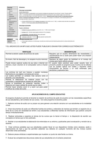 Y EL ARCHIVO ES UN MP3 QUE USTED PUEDE PUBLICAR O ENVIAR POR CORREO ELECTRÓNICO!!!!!!


                        VENTAJAS                                                      DESVENTAJAS
Permite la edición casera de archivos de audio                 Requiere que el usuario dimensione las necesidades y
                                                               características de su audio para poder hacer una creación
                                                               independiente.
Es liviano, fácil de descargar y no acapara mucha memoria      Requiere de algún grado de habilidad en el manejo del
                                                               mouse para hacer edición precisa
Puede incluso capturar audios de you tube e internet con       El usuario debe practicar para poder sacarle todo el
silencio y buen volumen en el computador como si fueran        provecho posible al programa pues muchos de los efectos
voz                                                            que se pueden aplicar son sutiles y requieren cierto
                                                               conocimiento de técnica y un oído entrenado para
                                                               percibirlos y aplicarlos bien.
Los archivos de mp3 son livianos y pueden montarse
fácilmente en una página o enviarse por correo
Los audios permiten un contacto más cercano entre el
docente y sus estudiantes.
Permite la elaboración de material propio con los
contenidos y características propias de cada caso.
Brinda la posibilidad de presentar reportes orales a
distancia con mayor calidad de sonido que el video.
Permite hacer amplios zoom in y zoom out para poder
modificar las ondas del audio


                                     APLICACIONES EN EL CAMPO EDUCATIVO

El programa Audacity le permite al docente la creación de archivos de audio de acuerdo con las necesidades específicas
de sus estudiantes y del contexto de sus cursos. Con este programa el docente puede:

1. Elaborar archivos de audio con su propia voz para generar una relación cercana con sus estudiantes en la modalidad
virtual.

2. Crear documentos de audio con diferentes fuentes de sonidos y ordenarlos de manera que brinden un espectro de un
tema de su curso sin necesidad de remitir a sus estudiantes a diferentes fuentes de información que podrían consumir
tiempo innecesariamente.

3. Realizar entrevistas a expertos en temas de los cursos que no tienen el tiempo o la disposición de escribir sus
conceptos en temas que no han publicado.

4. Solicitar a sus estudiantes la elaboración de entrevistas en su entorno y publicarlas para la evaluación y revisión de su
docente.

5. Crear archivos portables que sus estudiantes pueden llevar en sus dispositivos móviles como celulares, ipods o
reproductores de mp3 y que les permiten adelantar sus deberes en cualquier momento del día, incluso cuando
desarrollan otras actividades.

6. Elaborar piezas artísticas o experimentales que muestren un punto de vista frente a un tema.

7. Evaluar las competencias discursivas orales de sus estudiantes sin el contacto presencial.
 