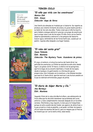 TERCER CICLO
“El niño que vivía con los avestruces”
Monica Zak
Edit. Anaya
Colección: Sopa de libros
Una familia de nómadas se traslada por el desierto. De repente se
produce una violenta tormenta de arena y la joven madre pierde a
su bebé de tan solo dos años. Todos creen que el niño ha muerto,
pero Hadara consigue sobrevivir gracias a un grupo de avestruces
que lo acoge como a uno de los suyos. El niño crece con su familia
adoptiva aprendiendo a sobrevivir a los peligros del desierto,
buscar agua y defenderse de las fieras hasta que, cazado por un
pastor, regresa años después a su hogar humano.
“El robo del santo grial”
Isaac Palmiola
Edit. Montena
Colección: The Mystery Team. Cazadores de pistas.
El viaje, el misterio, el atractivo motivo del Santo Grial, las
películas de aventuras y el fútbol se mezclan en esta obra dando
lugar a un goloso cóctel. El marco, la Galicia de los peregrinos,
aporta la magia de su encanto destilado a través de los siglos,
desde el paisaje a la gastronomía. La información que se
proporciona, bien trenzada con la aventura, y los dilemas morales
que suscita el Santo Grial, aportan matices a una lectura amable en
la que se deslizan entretenidos juegos de pistas.
“El diario de Súper Marta y Cía.”
Ana Bermejo
Edit. Montena
Segundo título de la colección Marta la Rara, una adolescente de
trece años que ha decidido abandonar sus problemas del curso
anterior y viene completamente renovada después de un increíble
veraneo. Charlatana y muy inquieta, le dura poco la tranquilidad,
porque en esta ocasión decide fundar una agencia de detectives, a
la que arrastra a toda su pandilla, y así poder cotillear de manera
oficial todos los asuntos del barrio, pero no imagina que al final se
las tendrá que ver con la mafia china, nada menos.
 