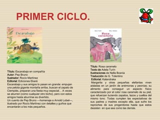 PRIMER CICLO. 
Título: Escarabajo en compañía 
Autor: Pep Bruno 
Ilustrador: Rocío Martínez 
Editorial: Ediciones Ekaré 
Escarabajo y sus amigos lo pasan en grande: empujan 
una pelota gigante montaña arriba, buscan el zapato de 
Ciempiés, preparan una fiesta muy especial… A veces 
se aburren (como cualquier otro bicho), pero con estos 
amigos hasta aburrirse es divertido. 
Un cuento de Pep Bruno —homenaje a Arnold Lobel—, 
ilustrado por Rocío Martínez con detalles y guiños que 
encantarán a los más pequeños. 
Título: Rosa caramelo 
Texto de Adela Turín 
Ilustraciones de Nella Bosnia 
Traducción de G. Tolentino 
Editorial: Kalandraka 
Margarita y otras pequeñas elefantas viven 
aisladas en un jardín de anémonas y peonías; su 
alimento para conseguir un aspecto físico 
caracterizado por el color rosa caramelo de su piel, 
que refuerzan luciendo zapatos, lazos y cuellos del 
mismo tono. Todas cumplen las expectativas de 
sus padres y madres excepto ella, que sufre los 
reproches de sus progenitores hasta que estos 
desisten en que sea como las demás. 
 