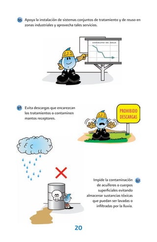 55 Apoya la instalación de sistemas conjuntos de tratamiento y de reuso en
    zonas industriales y aprovecha tales servicios.




56 Evita descargas que encarezcan
    los tratamientos o contaminen
    mantos receptores.




                                                Impide la contaminación 57
                                                   de acuíferos o cuerpos
                                                    superficiales evitando
                                            almacenar sustancias tóxicas
                                               que puedan ser lavadas o
                                                  infiltradas por la lluvia.




                                    20
 