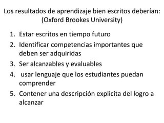 Los resultados de aprendizaje bien escritos deberían:
(Oxford Brookes University)
1. Estar escritos en tiempo futuro
2. Identificar competencias importantes que
deben ser adquiridas
3. Ser alcanzables y evaluables
4. usar lenguaje que los estudiantes puedan
comprender
5. Contener una descripción explicita del logro a
alcanzar
 