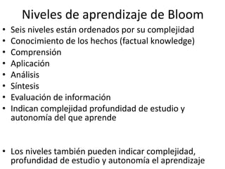 Niveles de aprendizaje de Bloom
• Seis niveles están ordenados por su complejidad
• Conocimiento de los hechos (factual knowledge)
• Comprensión
• Aplicación
• Análisis
• Síntesis
• Evaluación de información
• Indican complejidad profundidad de estudio y
autonomía del que aprende
• Los niveles también pueden indicar complejidad,
profundidad de estudio y autonomía el aprendizaje
 