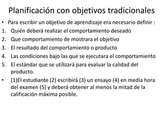 Planificación con objetivos tradicionales
• Para escribir un objetivo de aprendizaje era necesario definir :
1. Quién deberá realizar el comportamiento deseado
2. Que comportamiento de mostrara el objetivo
3. El resultado del comportamiento o producto
4. Las condiciones bajo las que se ejecutara el comportamiento
5. El estándar que se utilizará para evaluar la calidad del
producto.
• (1)El estudiante (2) escribirá (3) un ensayo (4) en media hora
del examen (5) y deberá obtener al menos la mitad de la
calificación máxima posible.
 