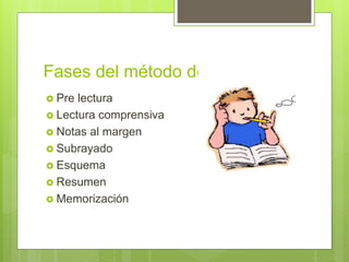 Fases del método de estudio
 Pre lectura
 Lectura comprensiva
 Notas al margen
 Subrayado
 Esquema
 Resumen
 Memorización
 