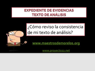 ¿Cómo reviso la consistencia
de mi texto de análisis?
www.maestrosdemorelos.org
www.proyecto22.net
 