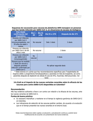 Estas recomendaciones están sujetas a evaluación y actualización continua y podrán tener
modificaciones de acuerdo a la presentación de nueva evidencia.
Esquemas de vacunación para vacunas de plataforma ARN mensajero en personas
que han tenido infección por SARS-CoV-2, en situaciones de escasez de biológicos
Días desde
confirmación del
diagnóstico
Día 1 -
30
Día 31
a 90
Día 91 a 270 Después de día 271
Persona con infección
por SARS CoV-2
inmunocompetente, con
59 años de edad o
menos
No vacunar Solo 1 dosis 2 dosis
Persona con infección
por SARS CoV-2 de 60
años o mas
No vacunar 2 dosis
Persona con infección
por SARS CoV-2
inmunosuprimido
No
vacunar
2 dosis
Persona que ha recibido
1 dosis de vacuna y
después presenta
infección confirmada por
SARS-CoV-2
No aplicar segunda dosis
* Debe tenerse en cuenta que hay recomendaciones específicas para Trasplantados de
órganos sólido o progenitores hematopoyéticos y pacientes en lista de trasplante, así como
pacientes después de depleción de células B (uso de ATG, rituximab, Obinutuzumab). Ver
texto
14.¿Cuál es el impacto de las nuevas variantes conocidas sobre la eficacia de las
vacunas para contra SARS-CcV2 disponibles en Colombia?
Recomendación:
•No hay evidencia suficiente a favor o en contra con relación a la eficacia de las vacunas, ante
las nuevas variantes de SARS-CoV-2.
Puntos de buena práctica:
● Es necesario intensificar y mantener en el tiempo la vigilancia genómica de SARS-CoV-2
en Colombia.
● Las indicaciones de selección de las vacunas podrían cambiar, de acuerdo a la evolución
que en el tiempo presenten las nuevas variantes en el entorno local.
 