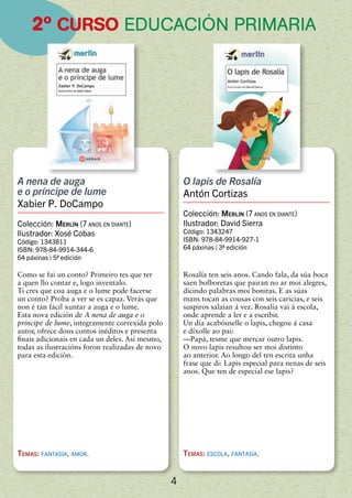 4
2º CURSO EDUCACIÓN PRIMARIA
A nena de auga
e o príncipe de lume
Xabier P. DoCampo
Colección: Merlín (7 anos en diante)
Ilustrador: Xosé Cobas
Código: 1343811
ISBN: 978-84-9914-344-6
64 páxinas | 5ª edición
Como se fai un conto? Primeiro tes que ter
a quen llo contar e, logo inventalo.
Ti cres que coa auga e o lume pode facerse
un conto? Proba a ver se es capaz. Verás que
non é tan fácil xuntar a auga e o lume.
Esta nova edición de A nena de auga e o
príncipe de lume, integramente correxida polo
autor, ofrece dous contos inéditos e presenta
finais adicionais en cada un deles. Así mesmo,
todas as ilustracións foron realizadas de novo
para esta edición.
Temas: fantasía, amor.
O lapis de Rosalía
Antón Cortizas
Colección: Merlín (7 anos en diante)
Ilustrador: David Sierra
Código: 1343247
ISBN: 978-84-9914-927-1
64 páxinas | 3ª edición
Rosalía ten seis anos. Cando fala, da súa boca
saen bolboretas que pairan no ar moi alegres,
dicindo palabras moi bonitas. E as súas
mans tocan as cousas con seis caricias, e seis
suspiros salaian á vez. Rosalía vai á escola,
onde aprende a ler e a escribir.
Un día acabóuselle o lapis, chegou á casa
e díxolle ao pai:
—Papá, tesme que mercar outro lapis.
O novo lapis resultou ser moi distinto
ao anterior. Ao longo del ten escrita unha
frase que di: Lapis especial para nenas de seis
anos. Que ten de especial ese lapis?
Temas: escola, fantasía.
 