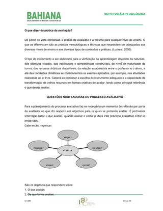 SUPERVISÃO PEDAGÓGICA

O que dizer da prática da avaliação?
Do ponto de vista conceitual, a prática da avaliação é a mesma para qualquer nível de ensino. O
que as diferenciam são as práticas metodológicas e técnicas que necessitam ser adequadas aos
diversos níveis de ensino e aos diversos tipos de conteúdos e práticas. (Luckesi, 2000).
O tipo de instrumento a ser elaborado para a verificação da aprendizagem depende da natureza,
dos objetivos visados, das habilidades e competências construídas, do nível de maturidade da
turma, dos recursos didáticos disponíveis, da relação estabelecida entre o professor e o aluno, e
até das condições climáticas se considerarmos os exames aplicados, por exemplo, nas atividades
realizadas ao ar livre. Caberá ao professor a escolha do instrumento adequado e a capacidade de
transformação de velhos recursos em formas criativas de avaliar, tendo como principal referência
o que deseja avaliar.
QUESTÕES NORTEADORAS DO PROCESSO AVALIATIVO
Para o planejamento do processo avaliativo faz-se necessário um momento de reflexão por parte
do avaliador no que diz respeito aos objetivos para os quais se pretende avaliar. É pertinente
interrogar sobre o que avaliar, quando avaliar e como se dará este processo avaliativo entre os
envolvidos.
Cabe então, repensar:

O QUE?

POR QUÊ?

QUANDO?
AVALIAR

COMO?

QUEM?

São os objetivos que respondem sobre:
1. O que avaliar;
2. De que forma avaliar;
SA-UAN

Versão. 00

 