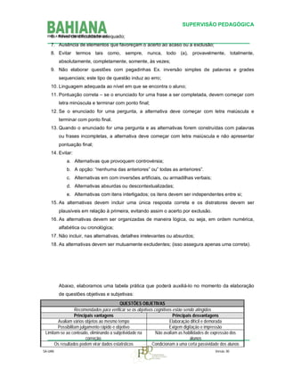 SUPERVISÃO PEDAGÓGICA
6. Nível de dificuldade adequado;
7. Ausência de elementos que favoreçam o acerto ao acaso ou a exclusão;
8. Evitar termos tais como, sempre, nunca, todo (a), provavelmente, totalmente,
absolutamente, completamente, somente, às vezes;
9. Não elaborar questões com pegadinhas Ex. inversão simples de palavras e grades
sequenciais; este tipo de questão induz ao erro;
10. Linguagem adequada ao nível em que se encontra o aluno;
11. Pontuação correta – se o enunciado for uma frase a ser completada, devem começar com
letra minúscula e terminar com ponto final;
12. Se o enunciado for uma pergunta, a alternativa deve começar com letra maiúscula e
terminar com ponto final.
13. Quando o enunciado for uma pergunta e as alternativas forem construídas com palavras
ou frases incompletas, a alternativa deve começar com letra maiúscula e não apresentar
pontuação final;
14. Evitar:
a. Alternativas que provoquem controvérsia;
b. A opção: “nenhuma das anteriores” ou” todas as anteriores”.
c. Alternativas em com inversões artificiais, ou armadilhas verbais;
d. Alternativas absurdas ou descontextualizadas;
e. Alternativas com itens interligados; os itens devem ser independentes entre si;
15. As alternativas devem incluir uma única resposta correta e os distratores devem ser
plausíveis em relação à primeira, evitando assim o acerto por exclusão.
16. As alternativas devem ser organizadas de maneira lógica, ou seja, em ordem numérica,
alfabética ou cronológica;
17. Não incluir, nas alternativas, detalhes irrelevantes ou absurdos;
18. As alternativas devem ser mutuamente excludentes; (isso assegura apenas uma correta).

Abaixo, elaboramos uma tabela prática que poderá auxiliá-lo no momento da elaboração
de questões objetivas e subjetivas:
QUESTÕES OBJETIVAS
Recomendados para verificar se os objetivos cognitivos estão sendo atingidos
Principais vantagens
Principais desvantagens
Avaliam vários objetos ao mesmo tempo
Elaboração difícil e demorada
Possibilitam julgamento rápido e objetivo
Exigem digitação e impressão
Limitam-se ao conteúdo, eliminando a subjetividade na
Não avaliam as habilidades de expressão dos
correção.
alunos
Os resultados podem virar dados estatísticos
Condicionam a uma certa passividade dos alunos
SA-UAN

Versão. 00

 