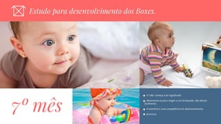Estudo Para Desenvolvimento dos BoxesEstudo para desenvolvimento dos Boxes.
7º mês
O 'não' começa a ter significado.
Movimenta-se para chegar a um brinquedo, não desiste
facilmente.
A memória é uma competência em desenvolvimento.
Já brinca.
 