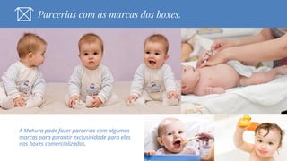 Estudo Para Desenvolvimento dos BoxesParcerias com as marcas dos boxes.
A Mahura pode fazer parcerias com algumas
marcas para garantir exclusividade para elas
nos boxes comercializados.
 