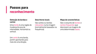 Passos para
reconhecimento
Detecção de bordas e
cantos
Uma borda é uma região de
mudança brusca de
intensidade, horizontal ou
vertical.
Um canto é uma borda,
porém apontando para
mais de uma direção.
Descritores locais
São cantos ou bordas
relevantes numa imagem
(normalmente baseados na
frequência).
Mapa de características
São o conjunto de bordas e
cantos frequentes que
descrevem as imagens de
uma determinada classe.
 
