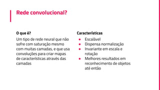 O que é?
Um tipo de rede neural que não
sofre com saturação mesmo
com muitas camadas, e que usa
convoluções para criar mapas
de características através das
camadas
Rede convolucional?
Características
● Escalável
● Dispensa normalização
● Invariante em escala e
rotação
● Melhores resultados em
reconhecimento de objetos
até então
 