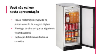 Você não vai ver
nesta apresentação
▪ Toda a matemática envolvida no
processamento de imagens digitais
▪ A biologia do olho em que os algoritmos
foram baseados
▪ Explicação detalhada de todos os
conceitos
 