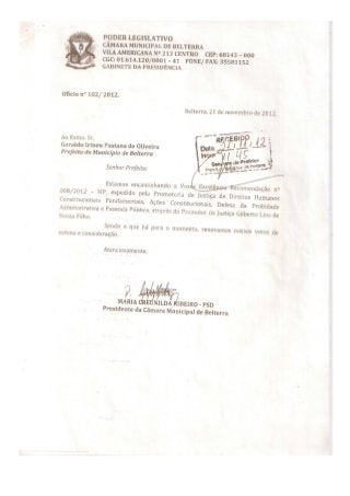 Recomendação do ministério público para prefeitura de belterra readmitir funcionários demitidos após as eleições 2012