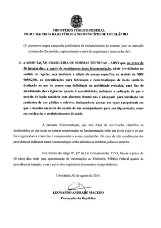 Recomendação do Ministério Público Federal sobre o uso de bacia sanitária com abertura frontal (vaso com depressão))