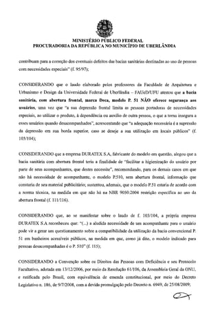 Recomendação do Ministério Público Federal sobre o uso de bacia sanitária com abertura frontal (vaso com depressão))