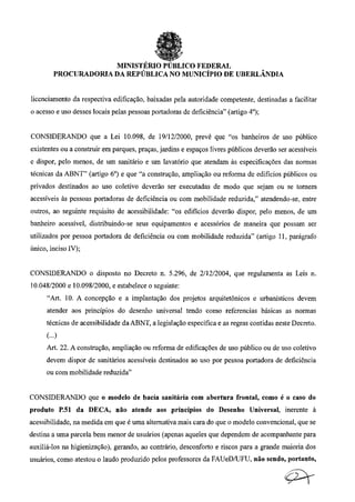 Recomendação do Ministério Público Federal sobre o uso de bacia sanitária com abertura frontal (vaso com depressão))