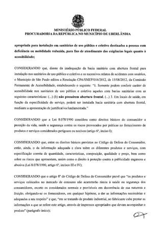 Recomendação do Ministério Público Federal sobre o uso de bacia sanitária com abertura frontal (vaso com depressão))