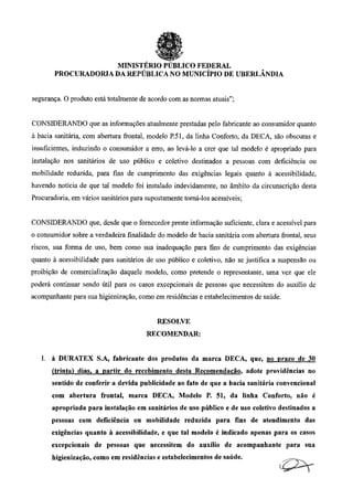 Recomendação do Ministério Público Federal sobre o uso de bacia sanitária com abertura frontal (vaso com depressão))