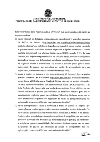 Recomendação do Ministério Público Federal sobre o uso de bacia sanitária com abertura frontal (vaso com depressão))