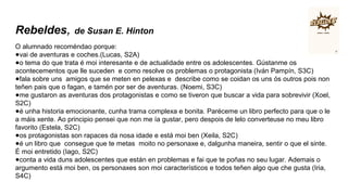 Rebeldes, de Susan E. Hinton
O alumnado recoméndao porque:
●vai de aventuras e coches.(Lucas, S2A)
●o tema do que trata é moi interesante e de actualidade entre os adolescentes. Gústanme os
acontecementos que lle suceden e como resolve os problemas o protagonista (Iván Pampín, S3C)
●fala sobre uns amigos que se meten en pelexas e describe como se coidan os uns ós outros pois non
teñen pais que o fagan, e tamén por ser de aventuras. (Noemi, S3C)
●me gustaron as aventuras dos protagonistas e como se tiveron que buscar a vida para sobrevivir (Xoel,
S2C)
●é unha historia emocionante, cunha trama complexa e bonita. Paréceme un libro perfecto para que o le
a máis xente. Ao principio pensei que non me ía gustar, pero despois de lelo converteuse no meu libro
favorito (Estela, S2C)
●os protagonistas son rapaces da nosa idade e está moi ben (Xeila, S2C)
●é un libro que consegue que te metas moito no personaxe e, dalgunha maneira, sentir o que el sinte.
É moi entretido (Iago, S2C)
●conta a vida duns adolescentes que están en problemas e fai que te poñas no seu lugar. Ademais o
argumento está moi ben, os personaxes son moi característicos e todos teñen algo que che gusta (Iria,
S4C)
 