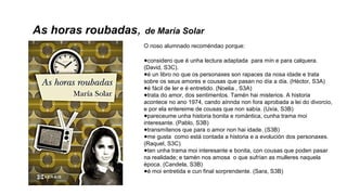 As horas roubadas, de María Solar
O noso alumnado recoméndao porque:
●considero que é unha lectura adaptada para mín e para calquera.
(David, S3C).
●é un libro no que os personaxes son rapaces da nosa idade e trata
sobre os seus amores e cousas que pasan no día a día. (Héctor, S3A)
●é fácil de ler e é entretido. (Noelia , S3A)
●trata do amor, dos sentimentos. Tamén hai misterios. A historia
acontece no ano 1974, cando aínnda non fora aprobada a lei do divorcio,
e por ela entereime de cousas que non sabía. (Uxía, S3B)
●pareceume unha historia bonita e romántica, cunha trama moi
interesante. (Pablo, S3B)
●transmítenos que para o amor non hai idade. (S3B)
●me gusta como está contada a historia e a evolución dos personaxes.
(Raquel, S3C)
●ten unha trama moi interesante e bonita, con cousas que poden pasar
na realidade; e tamén nos amosa o que sufrían as mulleres naquela
época. (Candela, S3B)
●é moi entretida e cun final sorprendente. (Sara, S3B)
 