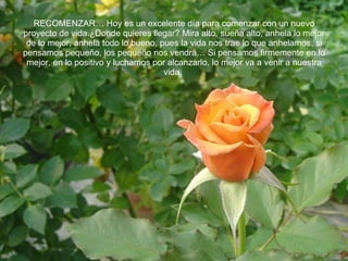 RECOMENZAR… Hoy es un excelente día para comenzar con un nuevo proyecto de vida.¿Donde quieres llegar? Mira alto, sueña alto, anhela lo mejor de lo mejor, anhela todo lo bueno, pues la vida nos trae lo que anhelamos, si pensamos pequeño, los pequeño nos vendrá… Si pensamos firmemente en lo mejor, en lo positivo y luchamos por alcanzarlo, lo mejor va a venir a nuestra vida.  