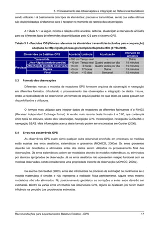 5. Processamento das Observações e Integração no Referencial Geodésico

sendo utilizado. Há basicamente dois tipos de efemérides: precisas e transmitidas, sendo que estas últimas
são disponibilizadas diretamente para o receptor no momento do rastreio das observações.


        A Tabela 5.1, a seguir, mostra a relação entre acurácia, latência, atualização e intervalo de amostra
para os diferentes tipos de efemérides disponibilizadas pelo IGS para o sistema GPS.

Tabela 5.1 - Produtos IGS (Valores referentes às efemérides transmitidas incluídos para comparação)
               adaptada de http://igscb.jpl.nasa.gov/components/prods.html (07/04/2008).
                                                                                            Intervalo de
       Efemérides de Satélites GPS           Acurácia Latência         Atualização
                                                                                              Amostra
               Transmitida              ~160 cm Tempo real         -                           Diário
          Ultra-Rápida (metade predita) ~10 cm Tempo real Quatro vezes por dia               15 minutos
         Ultra-Rápida (metade observada) <5 cm   3 horas Quatro vezes por dia                15 minutos
Precisas
                      Rápida             <5 cm 17 horas          Diária                      15 minutos
                       Final             <5 cm ~13 dias        Semanal                       15 minutos

5.3   Formato das observações

        Diferentes marcas e modelos de receptores GPS fornecem arquivos de observação e navegação
em diferentes formatos, dificultando o processamento das observações e integração de dados. Houve,
então, a necessidade de se desenvolver um formato de arquivo padrão, no qual todos os dados possam ser
disponibilizados e utilizados.


        O formato mais utilizado para integrar dados de receptores de diferentes fabricantes é o RINEX
(Receiver Independent Exchange format). A versão mais recente deste formato é a 3.00, que contempla
cinco tipos de arquivos, sendo eles: observação, navegação GPS, meteorológico, navegação GLONASS e
navegação SBAS. Mais informações acerca deste formato podem ser encontradas em Gurtner (2006).


5.4   Erros nas observáveis GPS

        As observáveis GPS assim como qualquer outra observável envolvida em processos de medidas
estão sujeitas aos erros aleatórios, sistemáticos e grosseiros (MONICO, 2000a). Os erros grosseiros
deverão ser detectados e eliminados antes dos dados serem utilizados no processamento final das
observações. Os erros sistemáticos podem ser modelados através de modelos matemáticos, ou eliminados
por técnicas apropriadas de observação. Já os erros aleatórios não apresentam relação funcional com as
medidas observadas, sendo considerados uma propriedade inerente da observação (MONICO, 2000a).


        De acordo com Seeber (2003), erros são introduzidos no processo de estimação de parâmetros se o
modelo matemático é simples e não representa a realidade física perfeitamente. Alguns erros mesmo
modelados não são eliminados. No posicionamento geodésico as correções a estes erros deverão ser
estimadas. Dentre os vários erros envolvidos nas observáveis GPS, alguns se destacam por terem maior
influência na precisão das coordenadas estimadas.




Recomendações para Levantamentos Relativo Estático - GPS                                                   17
 