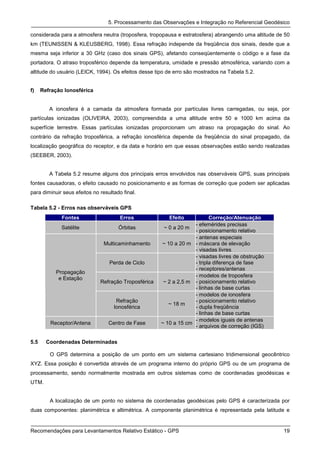 5. Processamento das Observações e Integração no Referencial Geodésico

considerada para a atmosfera neutra (troposfera, tropopausa e estratosfera) abrangendo uma altitude de 50
km (TEUNISSEN & KLEUSBERG, 1998). Essa refração independe da freqüência dos sinais, desde que a
mesma seja inferior a 30 GHz (caso dos sinais GPS), afetando conseqüentemente o código e a fase da
portadora. O atraso troposférico depende da temperatura, umidade e pressão atmosférica, variando com a
altitude do usuário (LEICK, 1994). Os efeitos desse tipo de erro são mostrados na Tabela 5.2.


f)    Refração Ionosférica


         A ionosfera é a camada da atmosfera formada por partículas livres carregadas, ou seja, por
partículas ionizadas (OLIVEIRA, 2003), compreendida a uma altitude entre 50 e 1000 km acima da
superfície terrestre. Essas partículas ionizadas proporcionam um atraso na propagação do sinal. Ao
contrário da refração troposférica, a refração ionosférica depende da freqüência do sinal propagado, da
localização geográfica do receptor, e da data e horário em que essas observações estão sendo realizadas
(SEEBER, 2003).


         A Tabela 5.2 resume alguns dos principais erros envolvidos nas observáveis GPS, suas principais
fontes causadoras, o efeito causado no posicionamento e as formas de correção que podem ser aplicadas
para diminuir seus efeitos no resultado final.

Tabela 5.2 - Erros nas observáveis GPS
              Fontes                   Erros             Efeito           Correção/Atenuação
                                                                   - efemérides precisas
              Satélite                Órbitas          ~ 0 a 20 m
                                                                   - posicionamento relativo
                                                                   - antenas especiais
                                Multicaminhamento     ~ 10 a 20 m - máscara de elevação
                                                                   - visadas livres
                                                                   - visadas livres de obstrução
                                  Perda de Ciclo                   - tripla diferença de fase
                                                                   - receptores/antenas
           Propagação
                                                                   - modelos de troposfera
            e Estação
                              Refração Troposférica    ~ 2 a 2,5 m - posicionamento relativo
                                                                   - linhas de base curtas
                                                                   - modelos de ionosfera
                                     Refração                      - posicionamento relativo
                                                         ~ 18 m
                                    Ionosférica                    - dupla freqüência
                                                                   - linhas de base curtas
                                                                   - modelos iguais de antenas
         Receptor/Antena          Centro de Fase      ~ 10 a 15 cm
                                                                   - arquivos de correção (IGS)

5.5     Coordenadas Determinadas

         O GPS determina a posição de um ponto em um sistema cartesiano tridimensional geocêntrico
XYZ. Essa posição é convertida através de um programa interno do próprio GPS ou de um programa de
processamento, sendo normalmente mostrada em outros sistemas como de coordenadas geodésicas e
UTM.


         A localização de um ponto no sistema de coordenadas geodésicas pelo GPS é caracterizada por
duas componentes: planimétrica e altimétrica. A componente planimétrica é representada pela latitude e


Recomendações para Levantamentos Relativo Estático - GPS                                              19
 