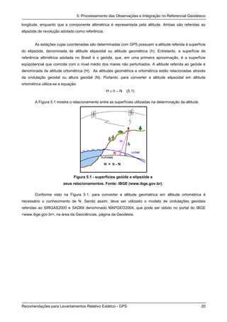 5. Processamento das Observações e Integração no Referencial Geodésico

longitude, enquanto que a componente altimétrica é representada pela altitude. Ambas são referidas ao
elipsóide de revolução adotado como referência.


        As estações cujas coordenadas são determinadas com GPS possuem a altitude referida à superfície
do elipsóide, denominada de altitude elipsoidal ou altitude geométrica (h). Entretanto, a superfície de
referência altimétrica adotada no Brasil é o geóide, que, em uma primeira aproximação, é a superfície
eqüipotencial que coincide com o nível médio dos mares não perturbados. A altitude referida ao geóide é
denominada de altitude ortométrica (H). As altitudes geométrica e ortométrica estão relacionadas através
da ondulação geoidal ou altura geoidal (N). Portanto, para converter a altitude elipsoidal em altitude
ortométrica utiliza-se a equação:
                                                   H≅h–N      (5.1)

        A Figura 5.1 mostra o relacionamento entre as superfícies utilizadas na determinação da altitude.




                               Figura 5.1 - superfícies geóide e elipsóide e
                         seus relacionamentos. Fonte: IBGE (www.ibge.gov.br).

        Conforme visto na Figura 5.1, para converter a altitude geométrica em altitude ortométrica é
necessário o conhecimento de N. Sendo assim, deve ser utilizado o modelo de ondulações geoidais
referidas ao SIRGAS2000 e SAD69 denominado MAPGEO2004, que pode ser obtido no portal do IBGE
<www.ibge.gov.br>, na área da Geociências, página da Geodésia.




Recomendações para Levantamentos Relativo Estático - GPS                                                    20
 